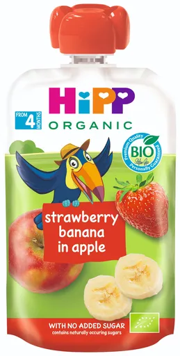 HiPP BIO 100% ovoce Jablko-Banán-Jahoda od uk. 4. měsíce, 100 g (9062300133759)