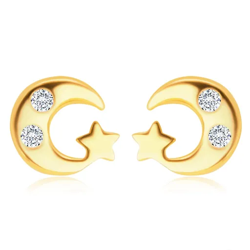 Náušnice ve žlutém zlatě 585 - lesklý měsíček se dvěma zirkony a hvězdička