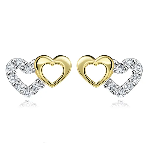 Zlaté náušnice 14K dvě srdce ze směsového zlata s kubickými zirkony