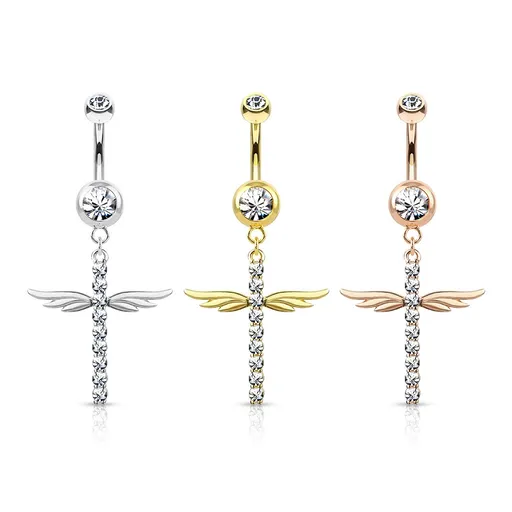 Ocelový 316L piercing do bříška, rhodiovaný - okřídlený kříž, kulaté čiré zirkony, 1,6 mm - Barva: Měděná