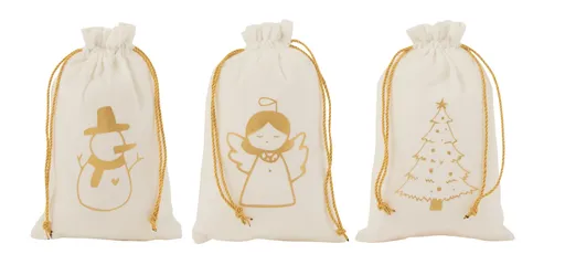 3ks sametové krémové pytlíky s andílkem, stromkem a sněhulákem - 18*28 cm J-Line by Jolipa