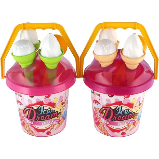 Sada na písek plast kbelík + formičky zmrzlina 2 barvy v síťce