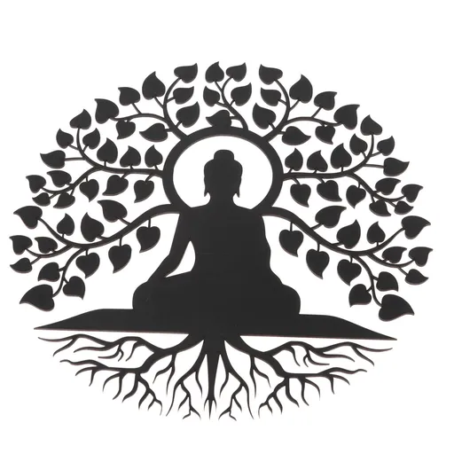 Dřevěná vyřezávaná dekorace na zeď Strom s Buddhou, 35 x 35 x 1 cm