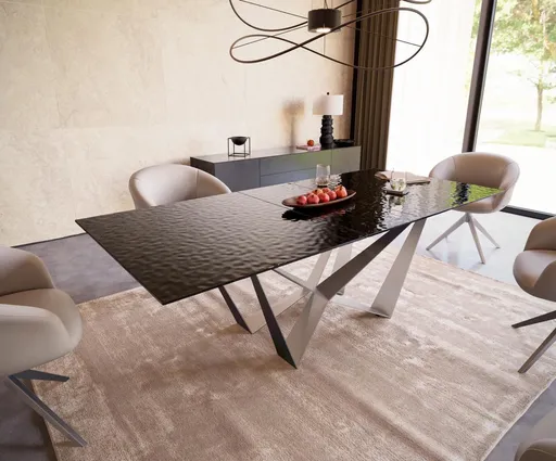 Jídelní stůl Edge 180-220x100 reliéfní sklo kouřové černé 3D