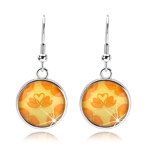 Cabochon náušnice, čirá glazura, žlutý podklad, dvě labutě - srdce