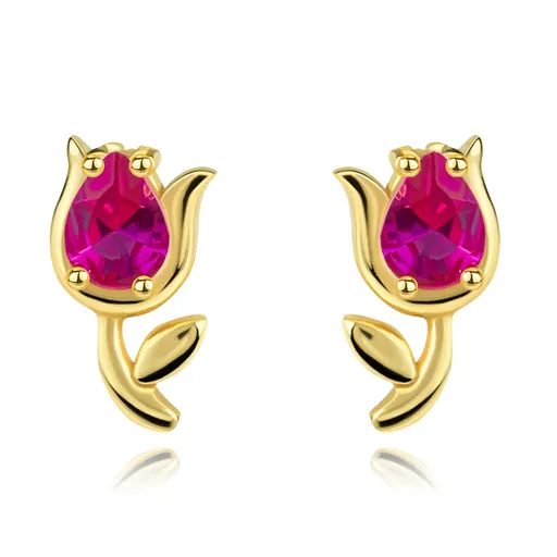 Náušnice ze 14K zlata ve tvaru tulipánu s fuchsiovými zirkony