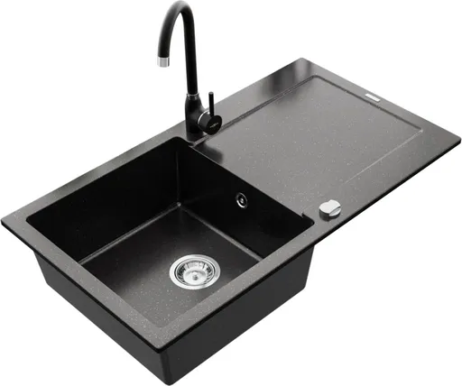MEXEN/S Leo granitový dřez 1 s odkapávačem včetně baterie Telma, černá/stříbrný metalik 6501-73-670200-70