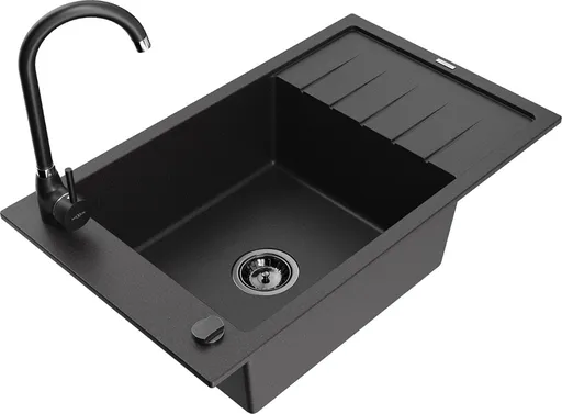 MEXEN/S Elias granitový dřez s odkapávačem včetně baterie Telma, černá 6511-77-670200-70-B