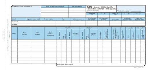 Tiskopis Alonž - záznam o době řízení 29,7x14 cm na šířku 100 listů OPTYS