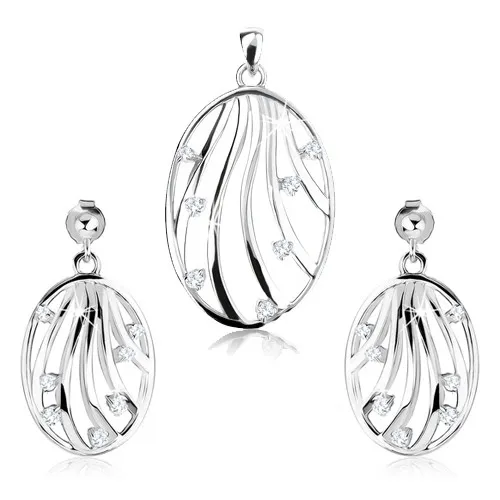 Sada - stříbrné náušnice a přívěsek 925, kontura oválu, zvlněné linie, zirkony