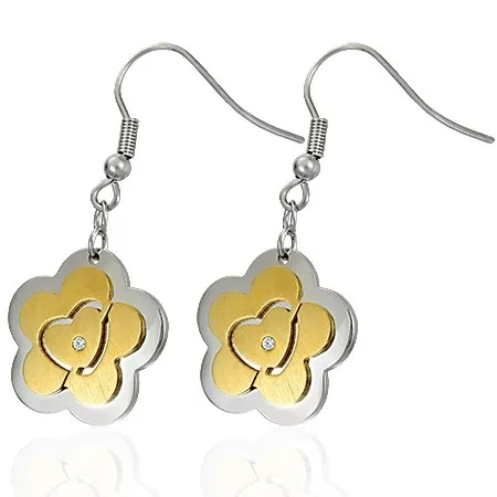 Ocelové náušnice - dvoubarevný kvítek se srdíčkem a čirým zirkonkem