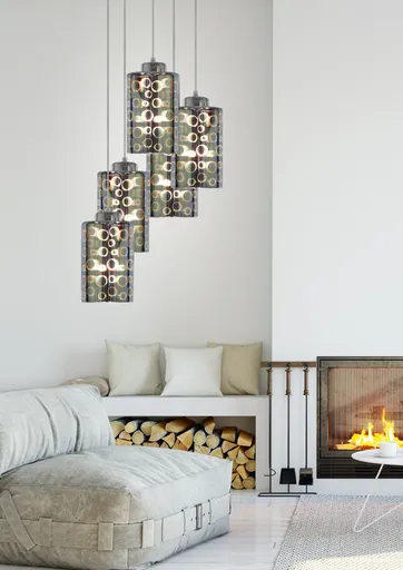 Závěsná lampa s chromovanými stínidly z desky a skla 3D 5x40W Nocturno