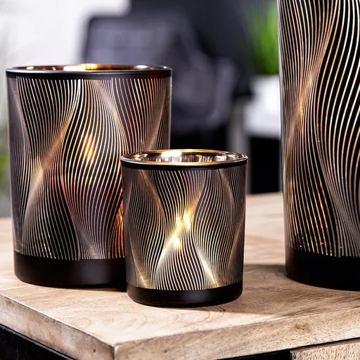 Gilde Skleněný svícen Lines, černo-zlatý, 8 cm