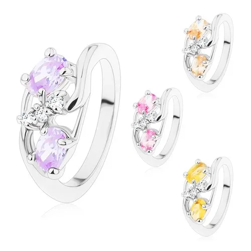 Prsten se zvlněnými rameny, velké barevné ovály, čiré zirkonky - Velikost: 54, Barva: Růžová