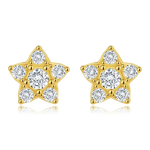 Puzetové náušnice ze žlutého 14K zlata - hvězdy s kulatými zirkony