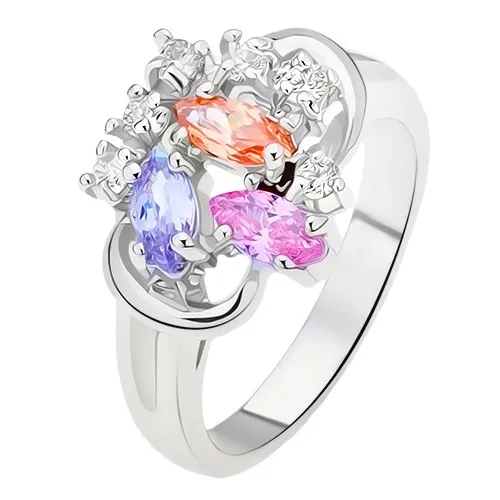 Prsten - rozdělená ramena, barevné zrnkovité zirkony, čiré kamínky - Velikost: 57