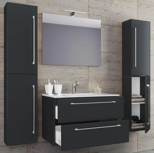 VCM 5dílná umyvadlová skříňka Badinos 2 zásuvky 80 cm se zrcadlem a 2 vysokými skříňkami, černá