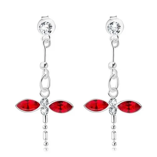 Náušnice ze stříbra 925, visící vážka, čiré a červené krystaly Swarovski