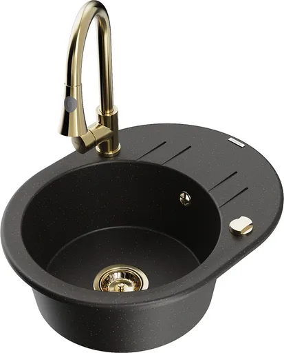 MEXEN/S Kevin granitový dřez 1 s odkapávačem včetně baterie Elia, černá/zlatá metalik 6517-75-670101-50