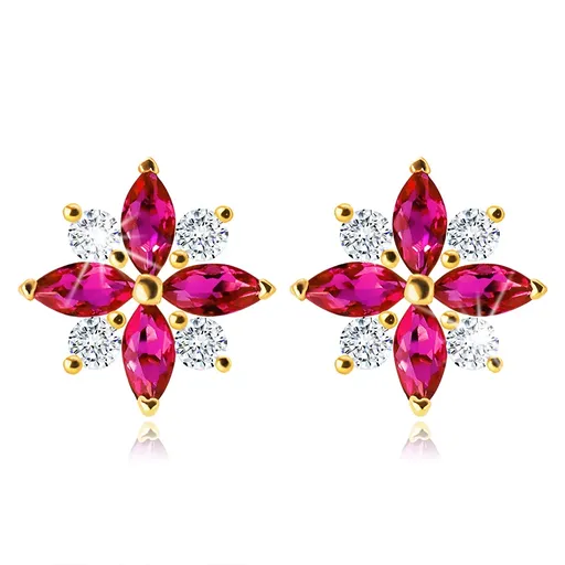 Náušnice ze 14K zlata - květ s růžovočervenými a čirými zirkonovými okvětními lístky
