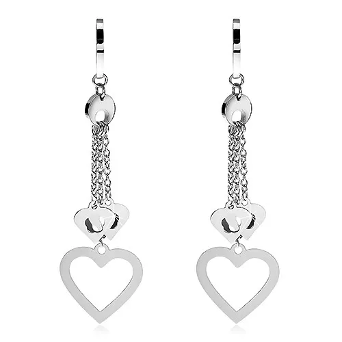 Náušnice z chirurgické oceli, srdíčka na řetízku, stříbrná barva