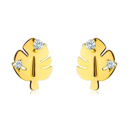 Náušnice ze zlata 585 - lesklý list se zářezy a stopkou, dva čiré zirkony