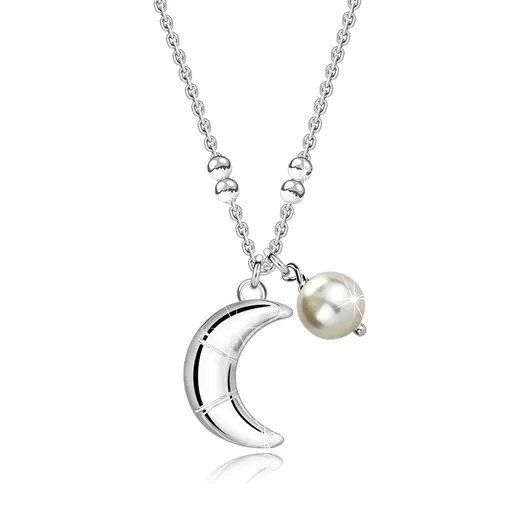 Náhrdelník ze stříbra 925 - půlměsíc, syntetická perla, hladké korálky