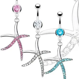 Piercing do pupku z oceli - zirkonová hlavička a štíhlá hvězdice - Barva zirkonu: Aqua modrá - Q