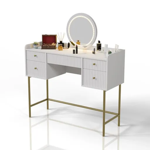 Toaletní stolek s LED zrcadlem, 5 zásuvek, bílý/zlatý