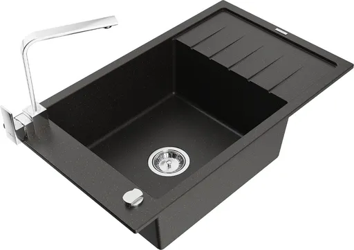 MEXEN/S Elias granitový dřez 1-miska s odkapávačem včetně baterie Rita, černý/zlatý metalik 6511-75-670300-00