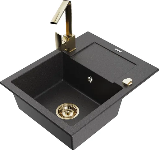 MEXEN/S Enzo granitový dřez 1-miska s odkapávačem včetně baterie Rita, černý kropenatý 6506-76-670300-50