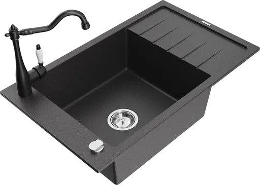 MEXEN/S Elias granitový dřez 1-miska s odkapávačem včetně baterie Carla, černá kropenatá 6511-76-670700-70