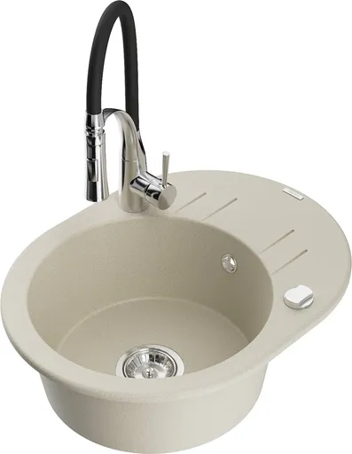 MEXEN/S Kevin granitový dřez s odkapávačem včetně baterie Aster, béžová 6517-69-73450-07