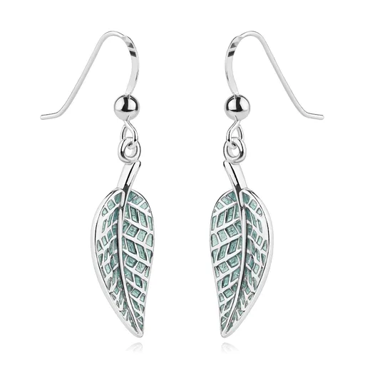 Náušnice ze stříbra 925 - zelené listy s lesklými žilkami, afro háčky