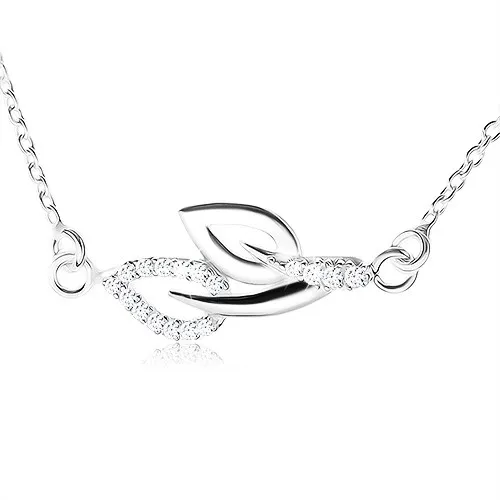Náhrdelník ze stříbra 925, dva obrysy listů na stopkách, čiré zirkony