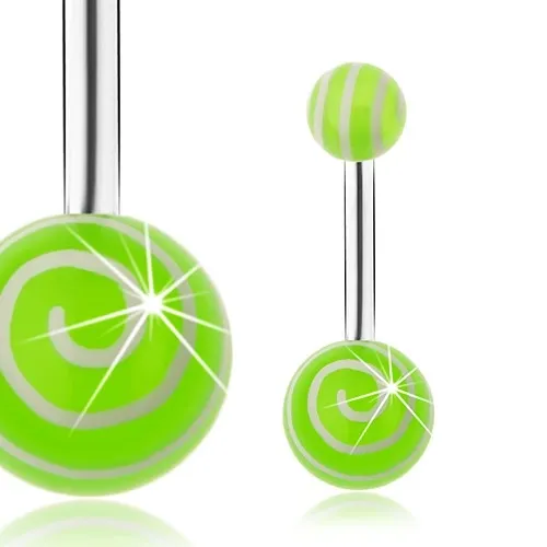 Piercing do bříška z oceli 316L, stříbrný odstín, zelené kuličky, bílé spirály