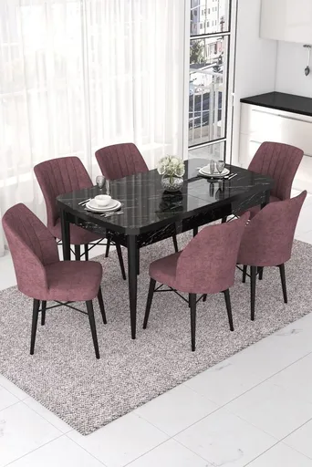 Extendable Dining Table & Chairs Set (7 Pieces) Nef - Black Marble, Dusty Rose