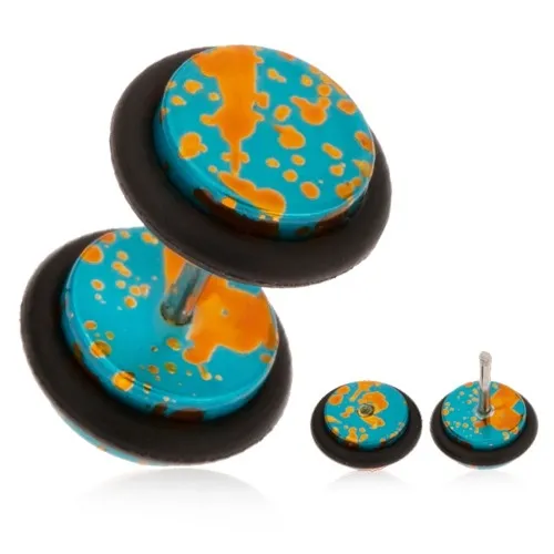 Akrylový falešný plug do ucha, tyrkysový povrch, skvrny lesklé karamelové barvy