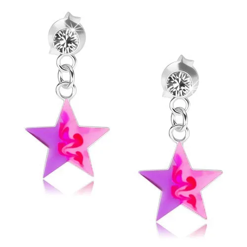 Puzetové náušnice, stříbro 925, čirý krystal, růžovo-fialová hvězdička