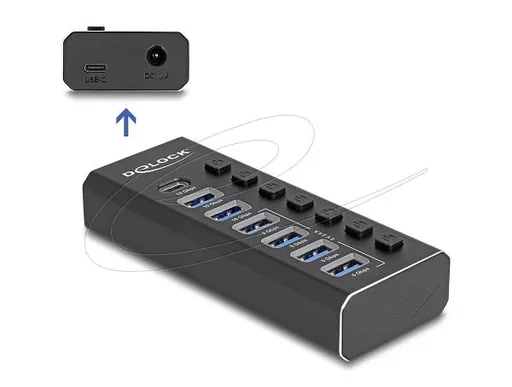Delock 7portový USB hub se 4 porty 10 Gb/s a 4 porty pro rychlé nabíjení s přepínačem a osvětlením