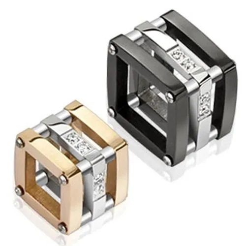 Dvojice ocelových přívěsků - čiré zirkony, měděné a černé barevné provedení