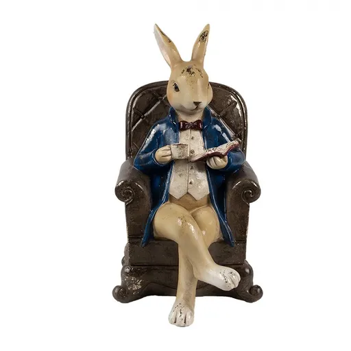 Dekorace králík v křesle s knihou a kávou - 12*10*18 cm Clayre & Eef