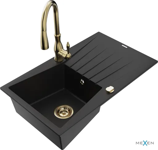 MEXEN/S Cesar granitový dřez 1 s odkapávačem včetně baterie Savita, černá 6514-77-672601-50