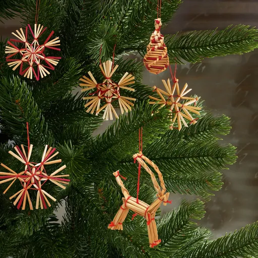 G. Wurm Slaměné vánoční ozdoby, přírodní/červená, sada 21 ks