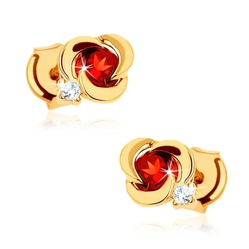 Zlaté náušnice 14K květ s granátem a zirkonem