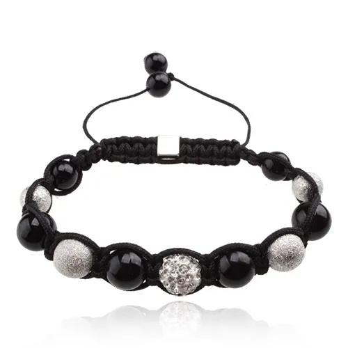 Náramek Shamballa, černé a stříbrné korálky, čirá zirkonová kulička