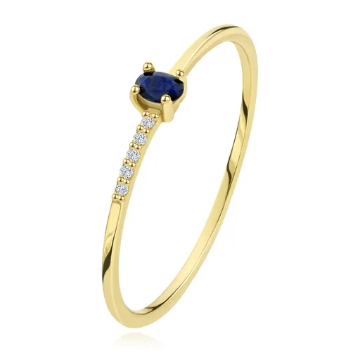 Prsten ze žlutého 14karátového zlata - pět briliantů, oválný modrý safír - Velikost: 56