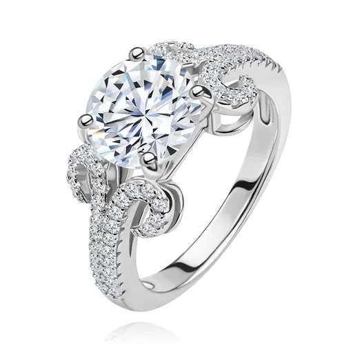 Zásnubní prsten ze stříbra 925, kulatý zirkon v čiré barvě, třpytivé pásky - Velikost: 50