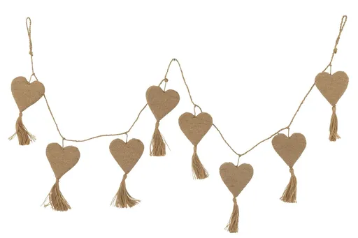 Přírodní jutová girlanda s 8 srdíčky se střapci - 50*1*182 cm J-Line by Jolipa