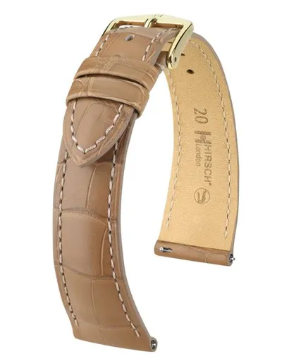 Řemínek Hirsch London Alligator - béžový, mat - 22 mm - L – Standardní délka (doporučujeme) - 18 mm - Zlatá